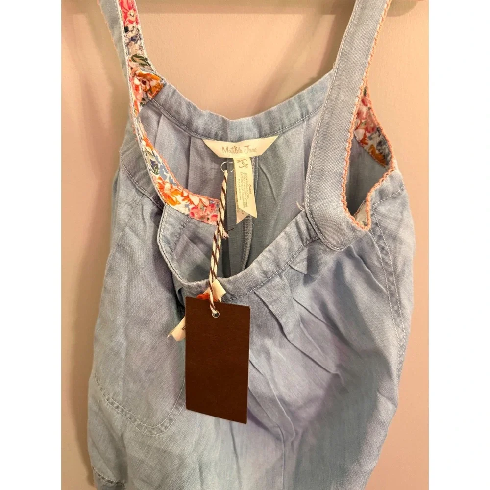 Matilda Jane Denim Chambray Play Romper Overalls Floral Trim‎ Pockets Size 6